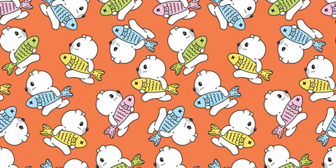 bear polar seamless pattern catch fish running vector teddy cartoon gift wrapping paper tile background repeat wallpaper doodle scarf isolated illustration design