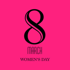 Poster 8 March Womens day. Black inscription on a pink background.