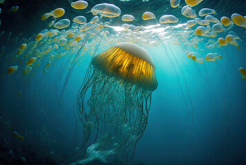 Glowing jellyfish underwater in the ocean. Generative AI