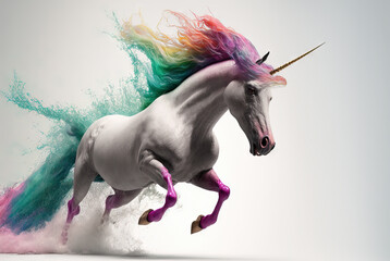Plakat Rainbow colored unicorn running on white background. Generative AI