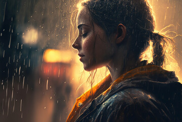Young woman standing on rain. Generative AI