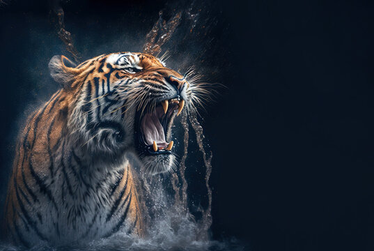 Tiger roar and water splashing. Energy and power AI generative illustration