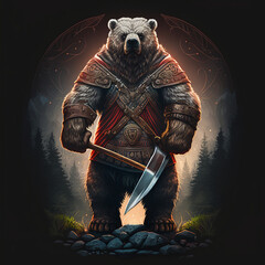 A bear dressed as a warrior holding a knife sword