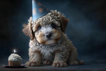 Dog birthday. Yorkshire terrier with a hat and a birthday cake. Generative AI