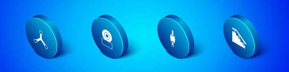 Set Isometric Skateboard Y-tool, Screwdriver, stairs with rail and wheel icon. Vector