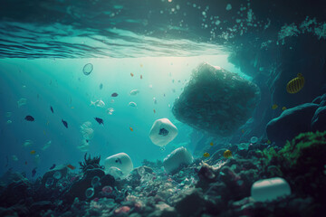 Fototapeta na wymiar 3d illustration of a plastic waste and pollution floating under water