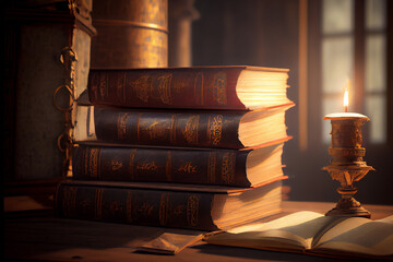 A stack of old books, showcasing the beauty and timelessness of knowledge, generative ai. The detailed textures and realistic shadows give a sense of depth and history - obrazy, fototapety, plakaty