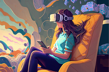  Exploring the world of virtual reality with a VR headset. Discovering new possibilities and engaging in exciting experiences. Technology, explore far away places and interact people. generative ai.