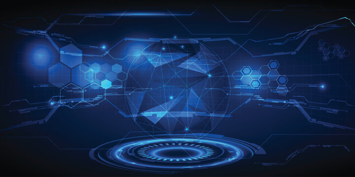 Vector illustrations of futuristic glowing neon blue stage hi-tech layout display.Future of technology design concepts.