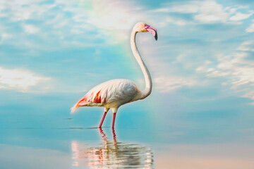 Fototapeta na wymiar flamingo in the water of Bhigwan Lake. Indian Flamingo. Maharashtra wildlife. Bird Sanctuary. blue sky with rainbow. 