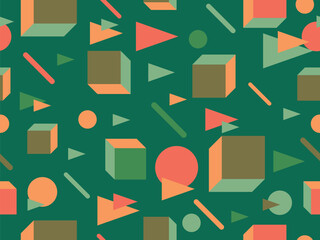 Memphis seamless pattern with 3d shapes in 80s style. Isometric geometric shapes in retro color palette. Background design for promotional products, wrapping paper and printing. Vector illustration