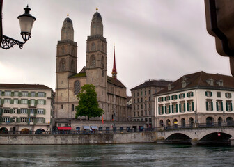 Grossmunster Church, Limmat river, Zurich, Switrzerland