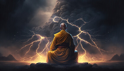 Buddhist monk sitting on rock meditating as a fierce storm approaches. - obrazy, fototapety, plakaty