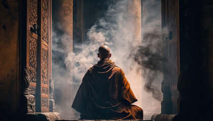 Buddhist monk sitting in majestic temple meditating. space for text - obrazy, fototapety, plakaty