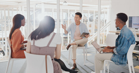 Collaboration meeting, technology and diversity business people review feedback, global sales chart or data analytics. Communication, teamwork and employee group talking about digital marketing idea