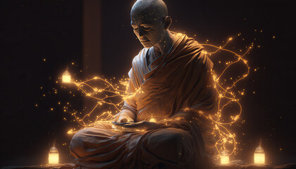 Image of enlightened Buddhist monk giving a feeling of connection with the universe. Buddhist meditation. space for text - obrazy, fototapety, plakaty