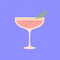 Martini dessert glass. Flat vector illustration with texture. Cocktail drink glass with rosemary. Pink drink for events and parties. Minimalist retro drink poster