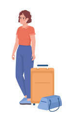 Disheveled female tourist with bag and baggage semi flat color vector character. Editable figure. Full body person on white. Simple cartoon style illustration for web graphic design and animation