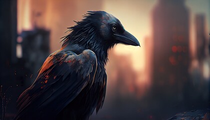 Raven bird in dystopian apocalyptic, End of world environmental illustration. generative ai