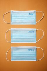 Surgical masks on an orange table with the names of the users written.