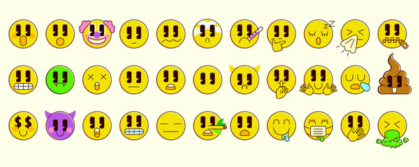 Emoticon design templates for posters, logos. Cartoon retro emoji set with outline. Vintage icons sticker label in 20s style. Flat vector illustration. simple symbols funny cute comic characters