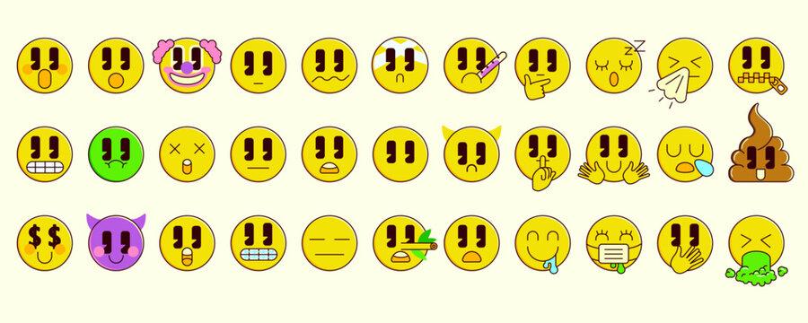 Emoticon design templates for posters, logos. Cartoon retro emoji set with outline. Vintage icons sticker label in 20s style. Flat vector illustration. simple symbols funny cute comic characters