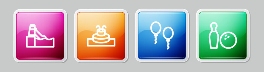 Set line Water slide, Fountain, Balloons and Bowling pin and ball. Colorful square button. Vector