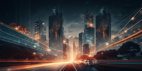 Smart cities concept, utilizing technology to create a more efficient and connected environment. Using AI, IoT and Big Data to increase efficiency and reduce environmental impact. generative ai.	
