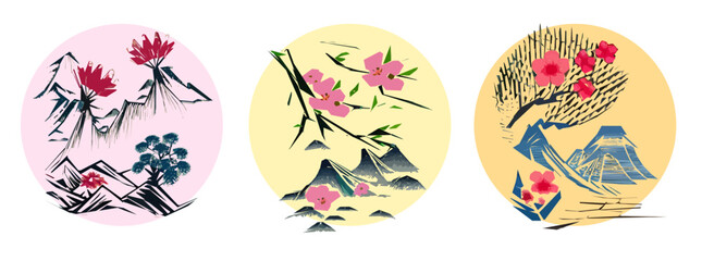 Japanese traditional landscape with mountains and cherry blossoms in a circle. Vector illustration.