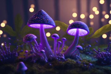 3d illustration of glowing purple mushrooms