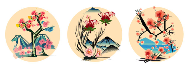 Japanese traditional landscape with mountains and cherry blossoms in a circle. Vector illustration.