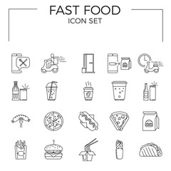 Fast Food icon set. Burger, french fries, hot dog, lunch box, shrimp, sausage on fork, coffee, delivery, pizza, wrap, Chinese noodles and more.
