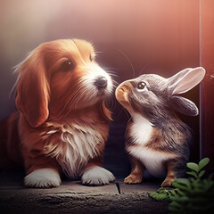 A cute dog and a rabbit in love - 568721585