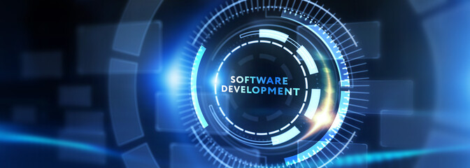 Inscription Software Development on the virtual display. Business, modern technology, internet and networking concept.  3d illustration