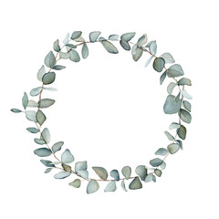 Watercolor banner with green eucalyptus leaves branches.Watercolor eucalyptus in bouquet for wedding. Decorative element for greeting card. Illustration