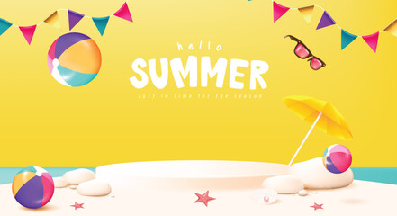 Summer travel poster banner display podium with sand and summer beach scene design