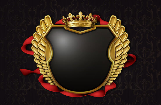3D illustration of a blank heraldic emblem with a winged shield and a royal crown. The shield is a symbol of strength and protection, while the crown is a symbol of power and nobility