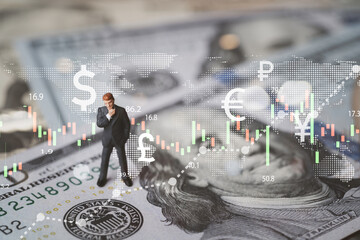 Businessman miniature figure standing on USD banknote with stock market chart graph for currency...