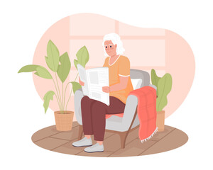 Fototapeta na wymiar Senior lady looking through newspaper articles 2D vector isolated illustration. Reading news in armchair flat character on cartoon background. Colorful editable scene for mobile, website, presentation