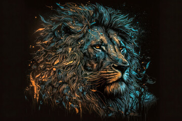 Lion manga style art portrait of a lion's head on dark background.