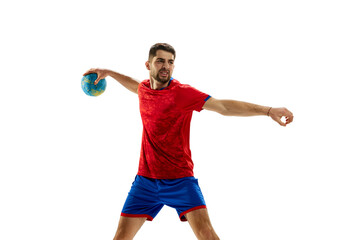 Motivation to win. Young man, professional handball player in red uniform playing, training...