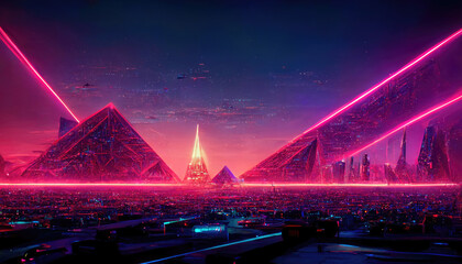3d illustration of a a cyberspace cityscape in a synthwave style