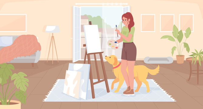 Making art at home flat color vector illustration. Inspired girl with golden retriever painting on easel. Fully editable 2D simple cartoon character with balcony and living room interior on background