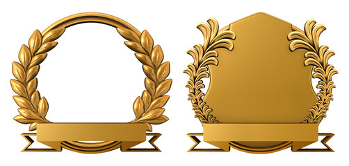 Blank golden label awards, each adorned with a laurel wreath and a ribbon banner, suitable for celebrating an achievement, anniversary, or a notable event. 3D render isolated on white