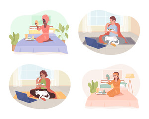 Chilling at home 2D vector isolated illustrations set. Binge-watching and self care. Introverted flat characters on cartoon background. Colorful editable scene pack for mobile, website, presentation