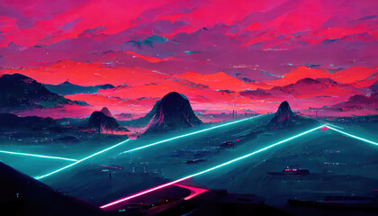 Fototapeta na wymiar 3d illustration of a a cyberspace cityscape in a synthwave style
