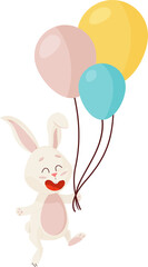 Obraz na płótnie Canvas Bunny Character. Jumping and Laughing Funny, Happy Easter Cartoon Rabbit with Three Balloons. PNG