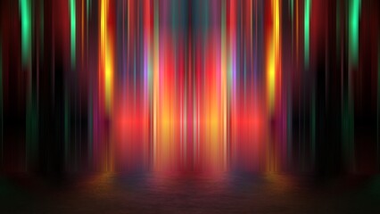 Luminous podium wall, reflection, neon glass, geometric blurred shapes, futurism, bright colors stripes. Showcase for a beauty product. 3d render