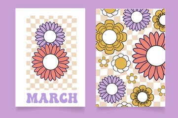 Seventies retro Flower Power background with hippie flowers. International Womens day Greetings. 8th March Day. Mothers day. Colorful illustration in 70s 60s vintage style.