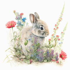 Small young rabbit is sitting in field among wild flowers and grass. 